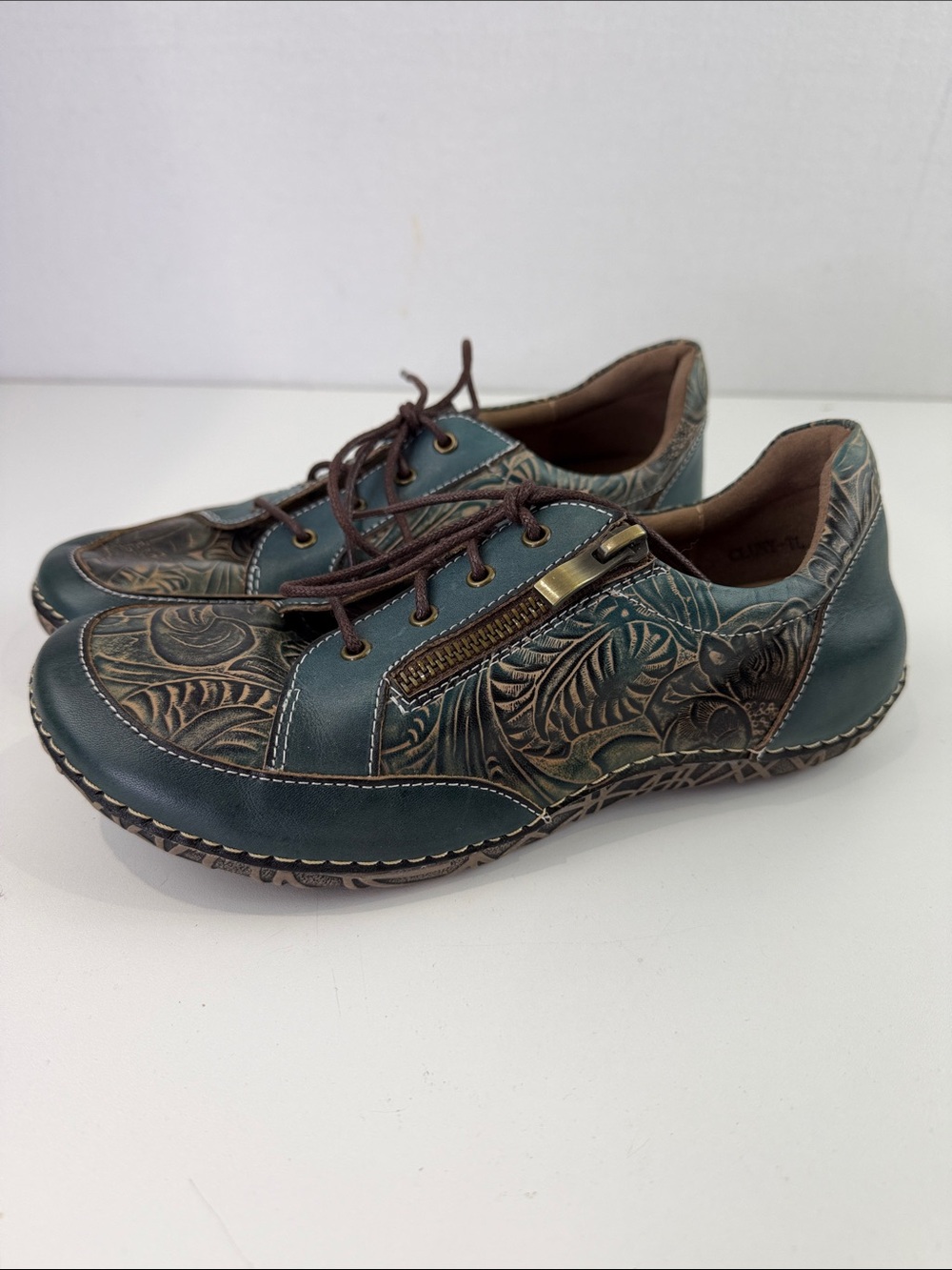 Spring Step L'Artiste Teal CLUNY Embossed Tooled Sneaker Shoe